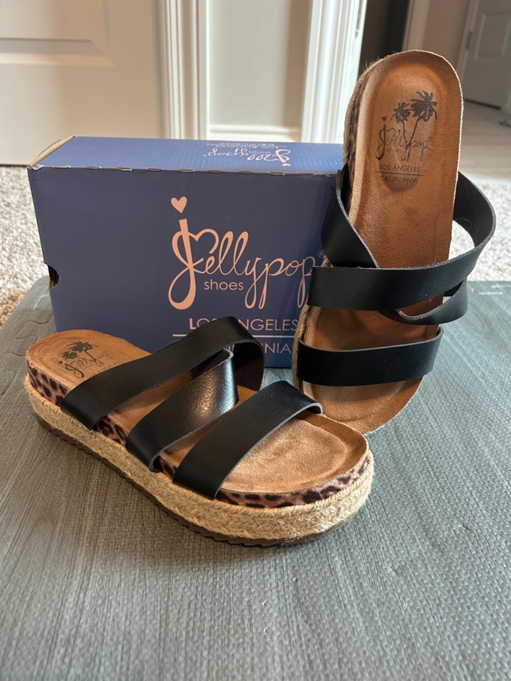 Jellypop Black Strappy Espadrille Platform Sandals with Leopard Trim